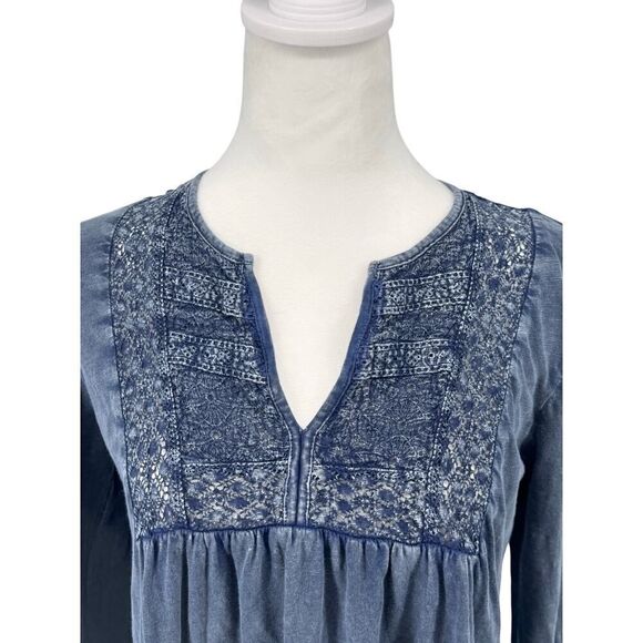 Joie Blue Lace Trim Cotton Top Small Long Sleeve Boho Peasant Tunic EUC - Picture 2 of 12
